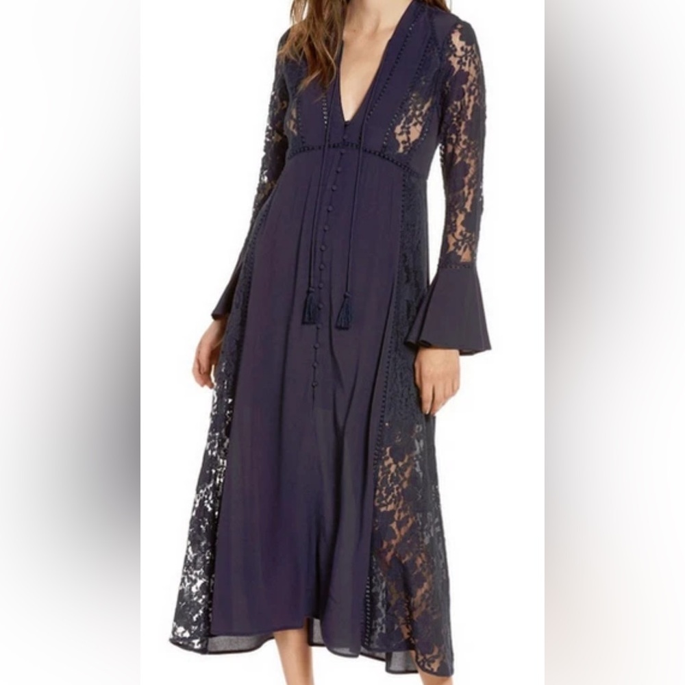 ASTR Navy Lace Button Down Midi Dress - Size M